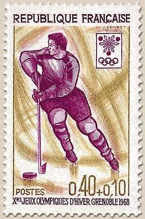 Jeux Olympiques d'hiver, à Grenoble. Hockey sur glace 40c. + 10c. Jaune-olive, lilas et violet Y1544