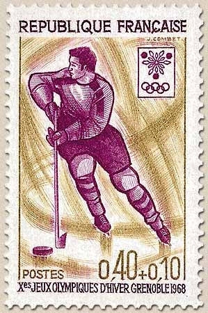 Jeux Olympiques d'hiver, à Grenoble. Hockey sur glace 40c. + 10c. Jaune-olive, lilas et violet Y1544