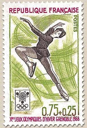 Jeux Olympiques d'hiver, à Grenoble. Patinage artistique 75c. + 25c. Vert-jaune, brun-violet et rose-lilas Y1546