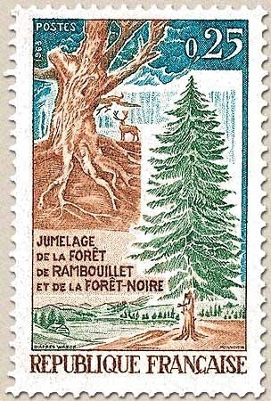 Jumelage de la forêt de Rambouillet et de la Forêt Noire. 25c. Bleu-vert, vert et brun Y1561