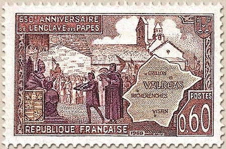 650e anniversaire de l'enclave papale de Valréas. 60c. Brun-lilas, olive et violet Y1562