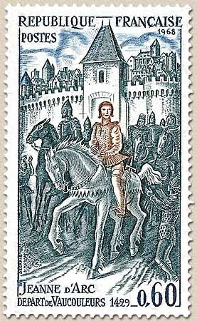 Grands noms de l'Histoire. Jeanne D'Arc (1412-1431), départ de Vaucouleurs (1429) 60c. Gris-bleu, bleu et brun Y1579