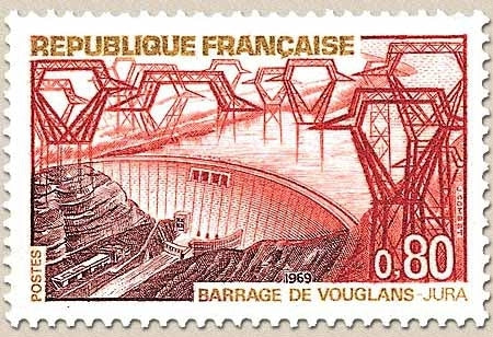 Série touristique. Barrage de Vouglans (Jura) 80c. Brun-violet, rouge, brun et jaune Y1583