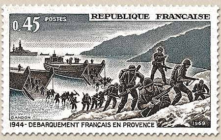 25e anniversaire de la Libération. Débarquement en Provence 45c. Bistre foncé, gris et bleu foncé Y1605