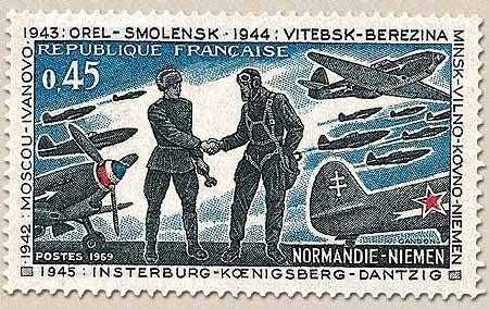 25e anniversaire de la Libération. Escadrille Normandie-Niemen 45c. Ardoise, bleu et rouge Y1606