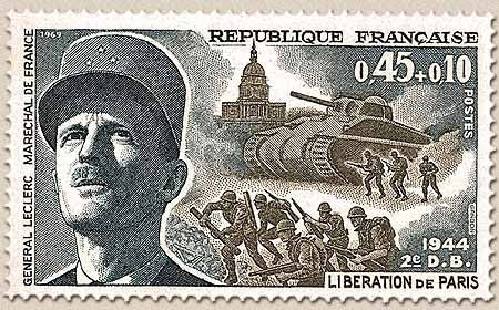 25e anniversaire de la Libération. Libération de Paris et Maréchal Leclerc 45c. + 10c. Gris-bleu et brun-olive Y1607