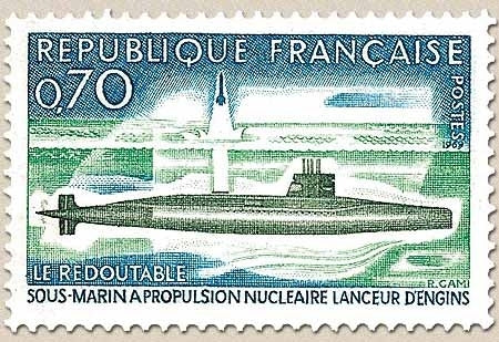 Sous-marin Le Redoutable, à propulsion nucléaire. 70c. Vert clair, vert foncé et bleu Y1615