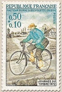 Journée du Timbre. Facteur rural et église de Champignelles (Yonne) 50c. + 10c. Gris-olive, bleu et jaune Y1710
