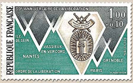 30e anniversaire de la Libération. Villes Compagnons de la Libération 1f. + 10c. Vert-émeraude, noir et sépia Y1797