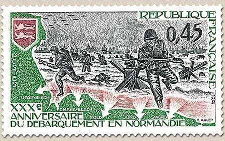 30e anniversaire du débarquement en Normandie. 45c. Vert, gris-bleu et rouge pâle Y1799