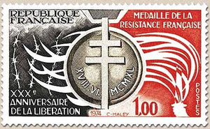 XXXe anniversaire de la Libération, médaille de la Résistance française. 1f. Rouge, bistre et noir Y1821
