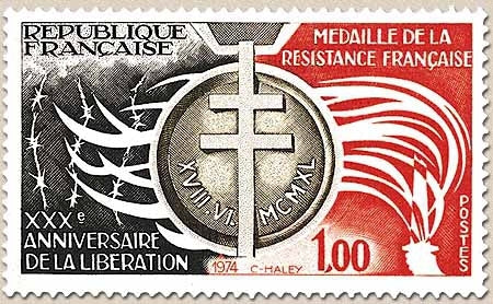XXXe anniversaire de la Libération, médaille de la Résistance française. 1f. Rouge, bistre et noir Y1821