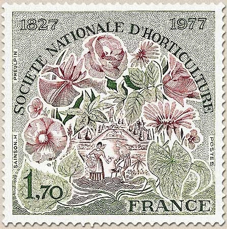 150e anniversaire de la Société nationale d'horticulture. 1f.70 vert-olive et carmin-brun Y1930