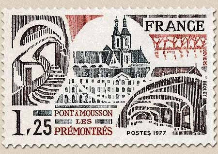 Série touristique. Abbaye des Prémontrés à Pont-à-Mousson 1f.25 sépia, rouge et gris Y1947