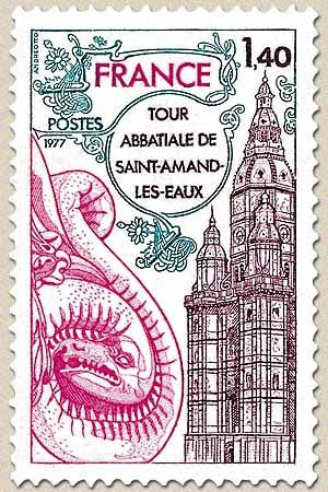 Série touristique. Tour abbatiale de Saint-Amand-les-Eaux. 1f.40 lilas-brun, lilas-rouge et vert-bleu Y1948