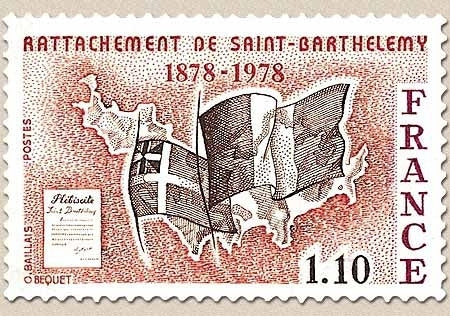 Rattachement de l'île de Saint-Barthélemy à la France (1878-1978) 1f.10 carmin, rouge-brun et brun Y1985