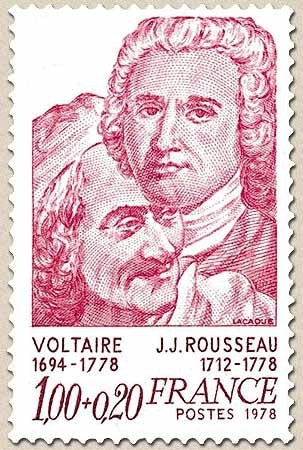Personnages célèbres. Voltaire et Rousseau 1f. + 20c. Grenat et lilas Y1990
