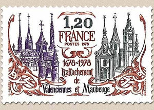 300e anniversaire du rattachement de Valenciennes et Maubeuge. 1f.20 gris-brun, rouge et violet Y2016