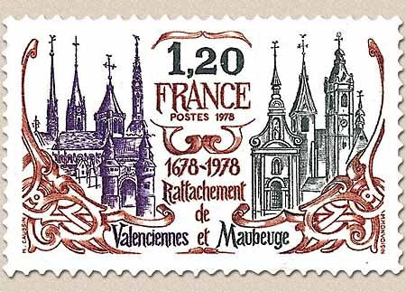 300e anniversaire du rattachement de Valenciennes et Maubeuge. 1f.20 gris-brun, rouge et violet Y2016