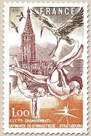 XIXes championnats du monde de gymnastique, à Strasbourg. 1f. Brun, orange et brun carminé Y2019