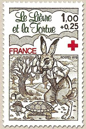 Au profit de la Croix-Rouge. Fables de La Fontaine. Le lièvre et la tortue 1f. + 25c. Brun-olive, olive et rouge Y2024