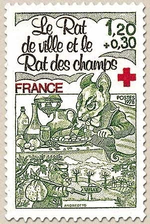 Au profit de la Croix-Rouge. Fables de La Fontaine. Le rat de ville et le rat des champs 1f.20 + 30c. Y2025