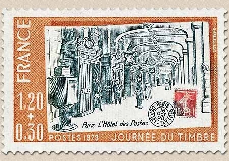 Journée du Timbre. Hôtel des Postes de Paris sur carte postale. 1f.20 + 30c. Gris-bleu, rouge et bistre clair Y2037