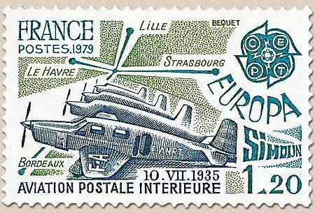 Europa. Simoun, aviation postale intérieure. 1f.20 bleu, bleu-turquoise et vert Y2046