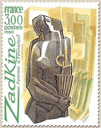 Série artistique. Femme à l'éventail de Zadkine (1890-1967) 3f. Bistre, vert et brun Y2074