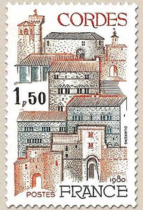 Série touristique. Bastide (1222) Cordes (Tarn) 1f.50 orange, brun et bleu Y2081