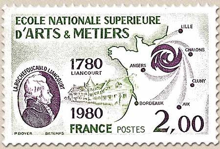 200e anniversaire de l'École nationale supérieure d'Arts et Métiers. 2f. Vert foncé et lie-de-vin Y2087