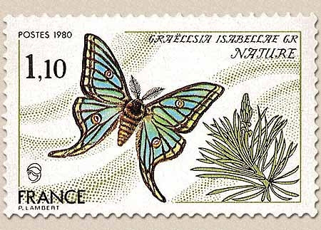 Série nature. Papillon. Graellsia isabellae gr. 1f.10 vert-olive, brun foncé, jaune et bleu-vert Y2089