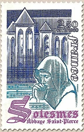Série touristique. L'Abbaye Saint Pierre de Solesmes 2f.50 violet, bleu et lilas-rose Y2112