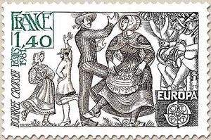 Europa. Folklore. Danses traditionnelles. La Bourrée croisée (Berry). 1f.40 noir, brun et vert Y2138