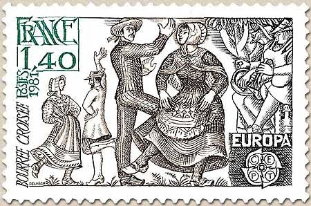 Europa. Folklore. Danses traditionnelles. La Bourrée croisée (Berry). 1f.40 noir, brun et vert Y2138