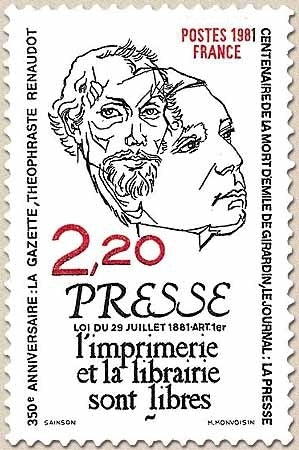 Presse. Anniversaires : Centenaire des lois sur la liberté de la presse.  2f.20 noir et rouge Y2143