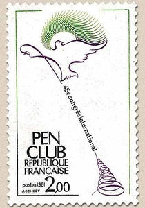 45e congrès international du P.E.N. Club. Poètes, Essayistes et Romanciers. La plume . 2f. Vert, violet et noir Y2164