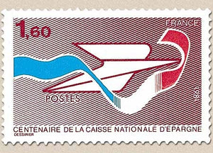 Centenaire de la Caisse nationale d'épargne. 1f.60 carmin, bleu et rouge Y2166