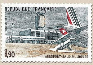 Aéroport Bâle-Mulhouse. Aérogare, passerelle Swissair et avion Air-France. 1f.90 bleu, rouge et brun Y2203