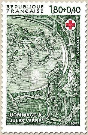 Au profit de la Croix-Rouge. Hommage à Jules Verne. Illustrations de romans. 1f.80 + 40c. Vert et rouge Y2248