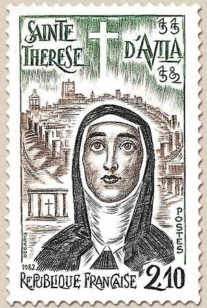 4e centenaire de la mort de sainte Thérèse d'Avila. Portrait et remparts d'Avila. 2f.10 vert, brun et noir Y2249