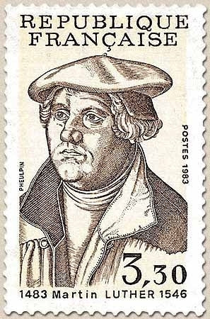 500e anniversaire de la naissance de Martin Luther (1483-1546), théologien et réformateur. 3f.30 bistre et brun Y2256