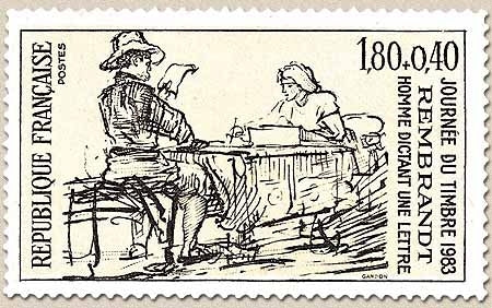 Journée du timbre. Oeuvre de Rembrandt. Homme dictant une lettre. 1f.80 + 40c. Sépia et bistre Y2258