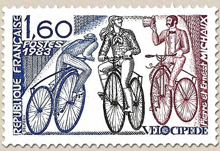 Vélocipède. Pierre et Ernest Michaux. Ancêtres de la Bicyclette. 1f.60 carmin, brun-olive et outremer Y2290