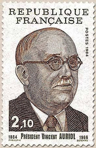 Hommage à Vincent Auriol (1884-1966). Portrait du Président.  2f.10 brun et vert Y2344