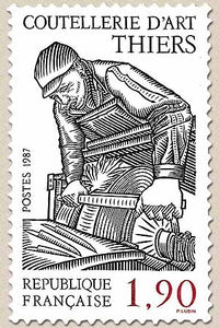 Série Métiers d'art. La coutellerie Thiers. Emouleur au travail. 1f.90 noir et rouge foncé Y2467