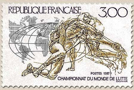 Championnats du monde de lutte, à Clermont-Ferrand. Mappemonde et lutteurs  3f. Brun clair, gris et violet Y2482