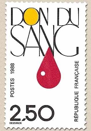 En faveur du don du sang. Goutte de sang 2f.50 noir, rouge et jaune Y2528