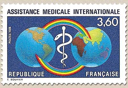 Assistance médicale internationale. Arc-en-ciel, caducée et globe  3f.60 bleu, bleu clair, jaune et rouge Y2535