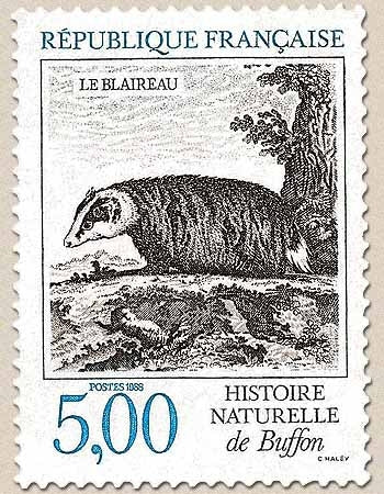 Série Nature de France. Animaux de l'Histoire naturelle, de Buffon. Blaireau  5f. Bleu et noir Y2542